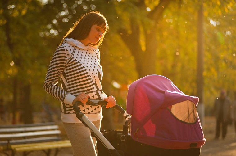 picture of a woman driving a baby stroller in the park