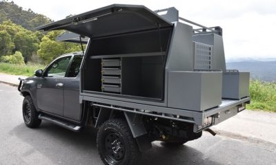 picture of a gray ute canopy with toolbox
