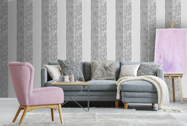 living room with grey patterned wallpaper 