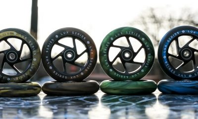 Close-up of pro scooter wheels