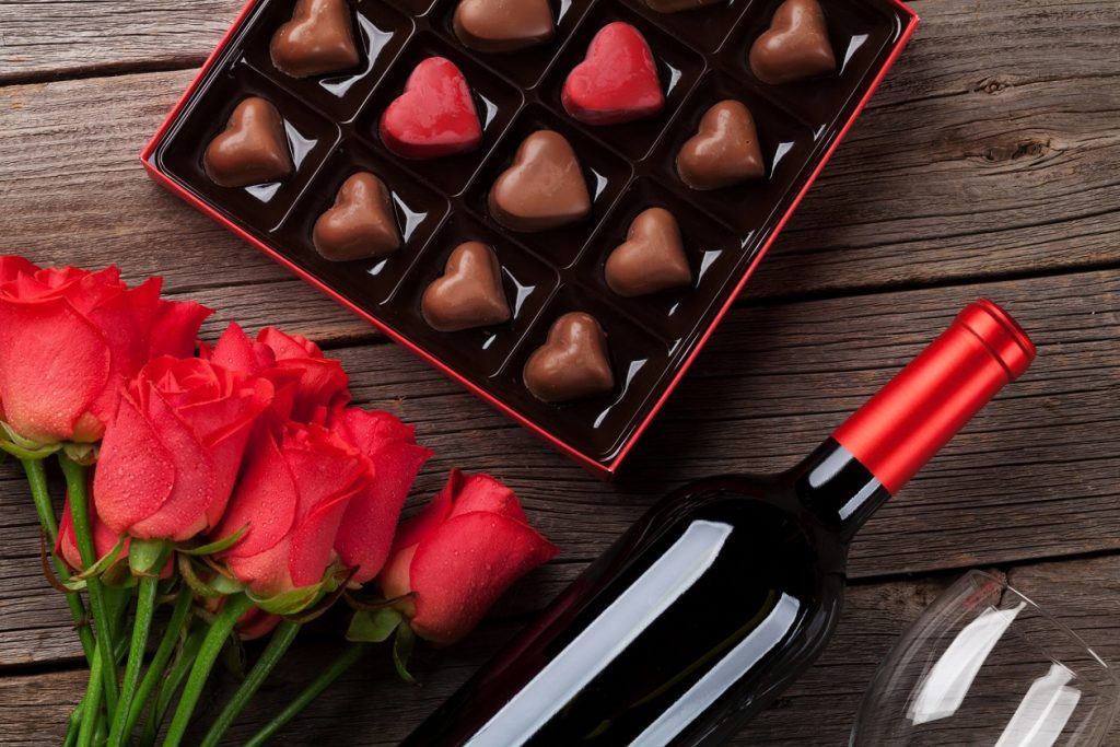 Chocolate, wine and flowers for Valentine's Day