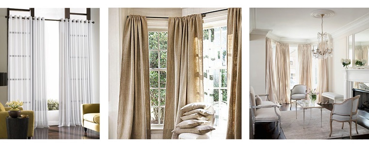 3 pictures of living rooms with big windows and curtains on it in one