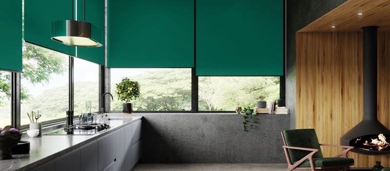 kitchen with green roller blinds 